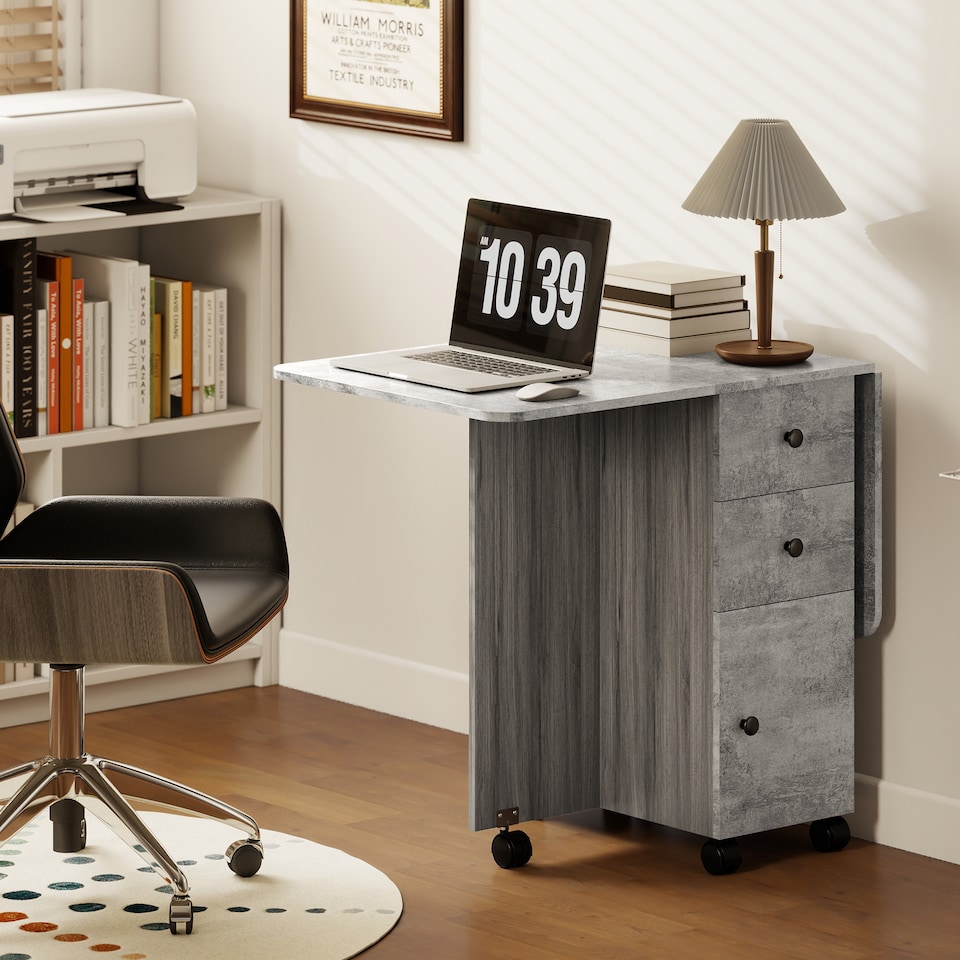 image 1 of HOMCOM Folding Dining Table for 4-6, Rolling Drop Leaf Table on Wheels with Storage Drawers, Cabinet and Open Shelf for Kitchen, Dining Room, Grey Marble Effect