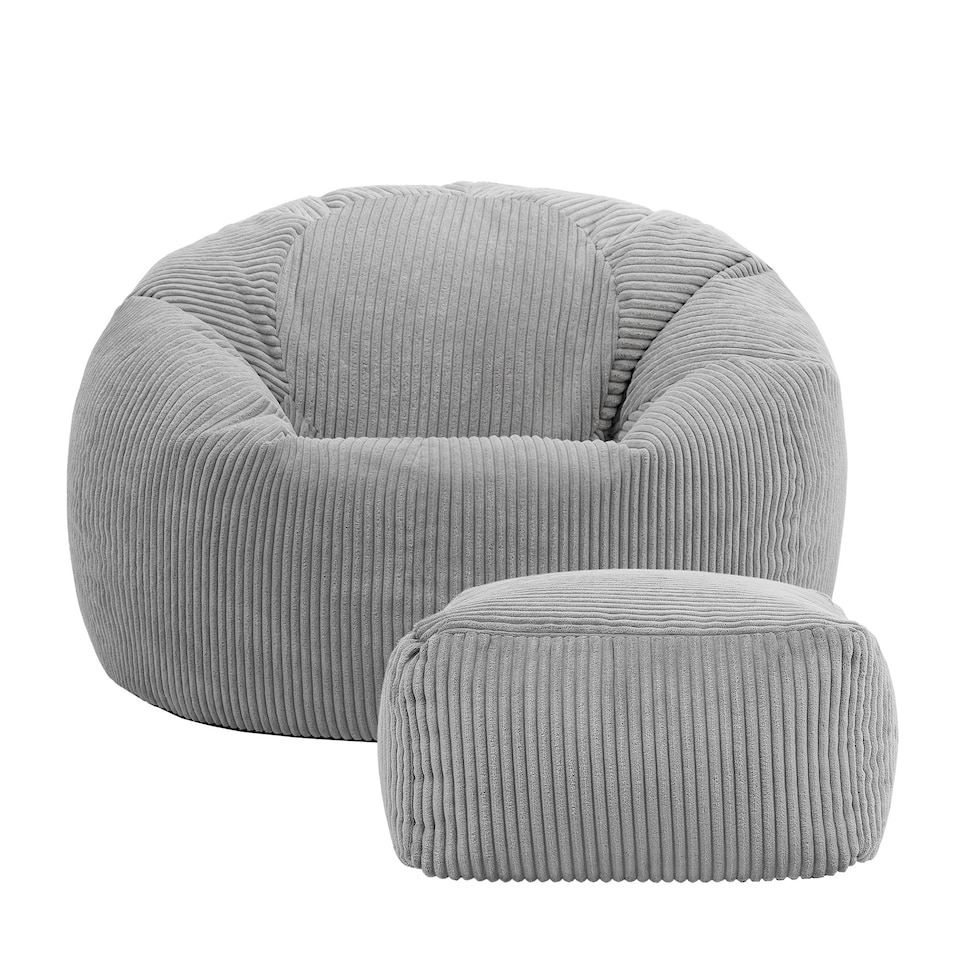 image 1 of icon Kingston Cord Adults Bean Bag Chair and Pouffe, Ready Filled Beanbag and Footstool Grey Grey | Grey