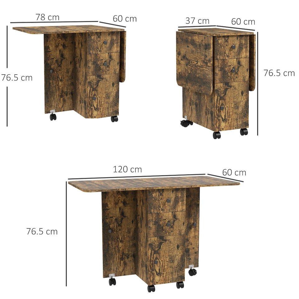 image 1 of HOMCOM Folding Dining Table, Drop Leaf Table With Drawers Rustic Brown