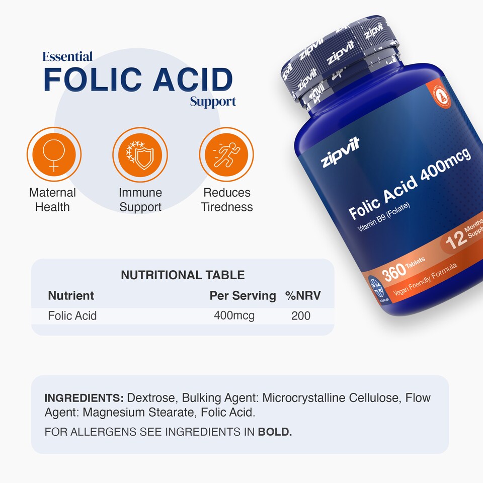 image 1 of Zipvit Folic Acid 400mcg, Pregnancy, Blood & Energy Support, 360 Vegan Tablets, 12-Month Supply