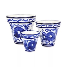 Verano Spanish Ceramics Set of 3 Classic Plant Pots - 16-29cm Blue Floral Blue