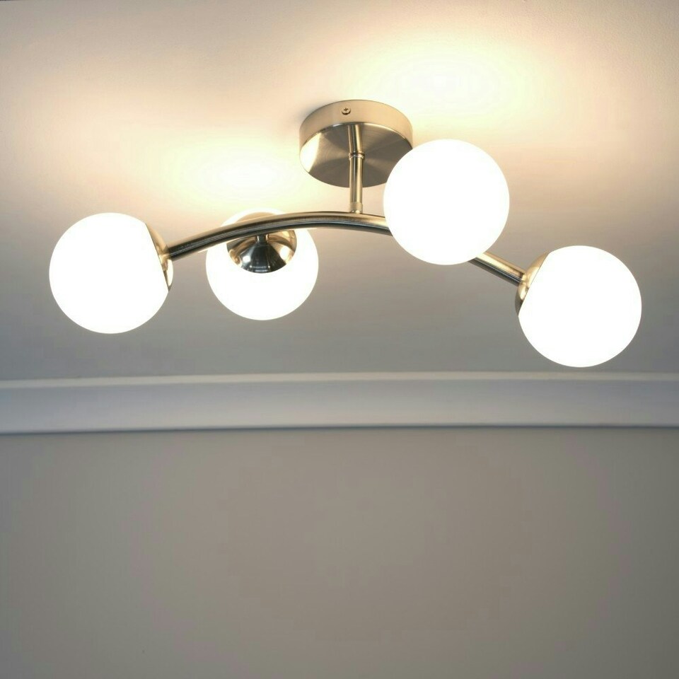 image 1 of ValueLights Jas Brushed Chrome 4 Way Ceiling Light with Opal White Frosted Glass Globe Shades and LED Bulbs