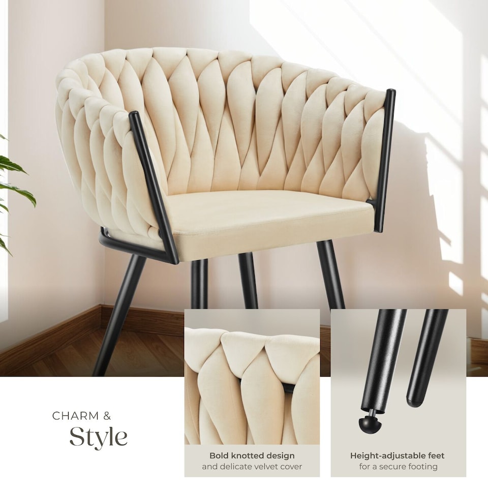 image 1 of Dining Chair Astano - padded, velvet, knot design, continuous backrest | Cream | sand | 6