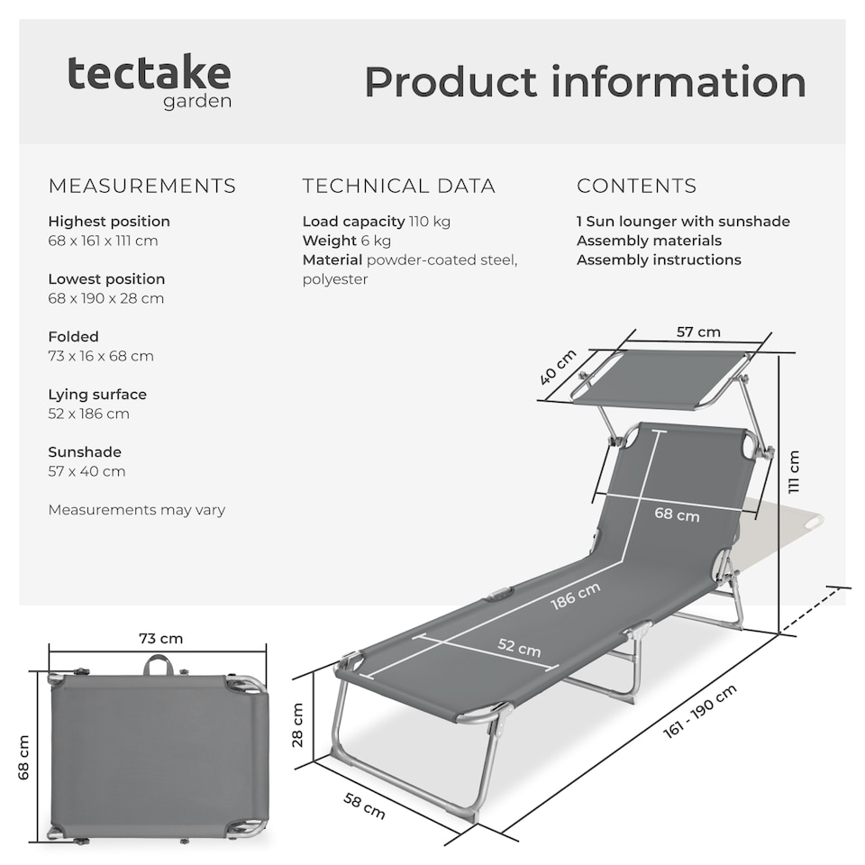 image 1 of Sun Lounger - foldable, adjustable sunshade and 4-step backrest | Grey | grey | 1