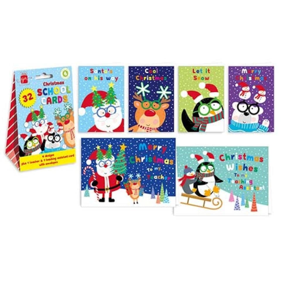 Santa Claus & Friends Cute School Christmas Greeting Cards - Pack of 32