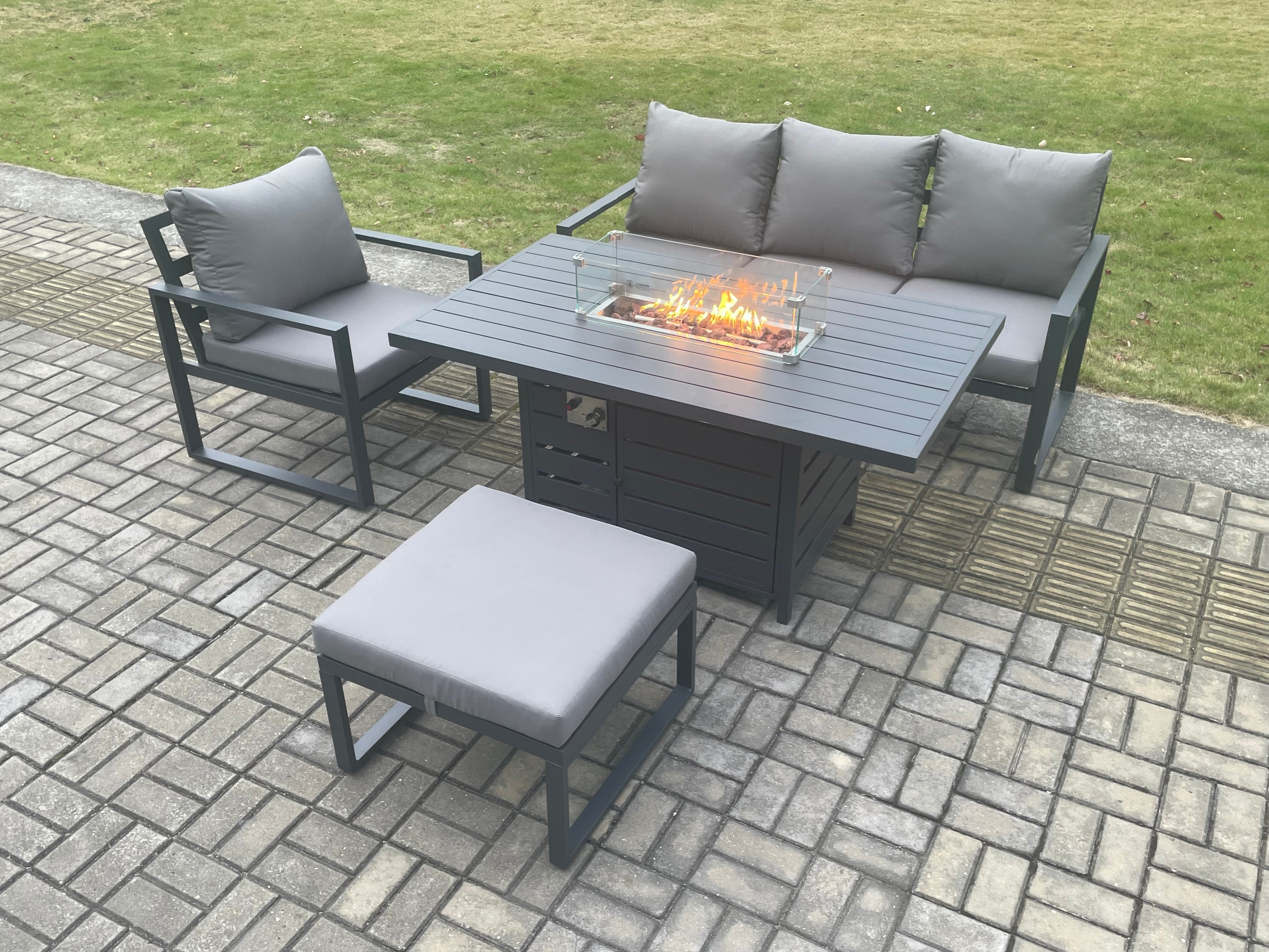 Fimous Aluminium Outdoor Garden Furniture Set Gas Fire Pit Dining Table Set Gas Heater Burner with Big Footstool Dark Grey 5 Seater