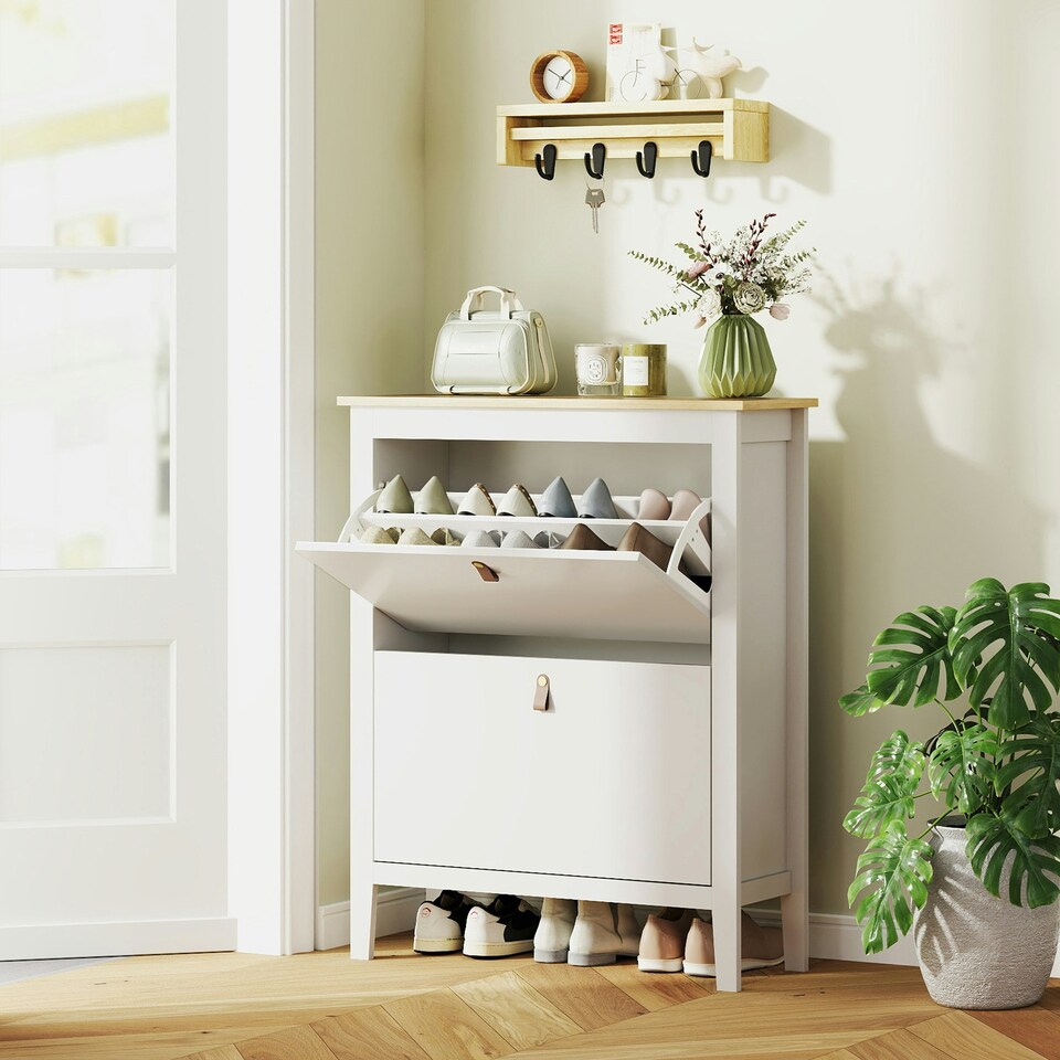 image 1 of HOMCOM 2 Drawer Shoe Cabinet with Flip Doors for Hallway, Entryway White | 80 x 24 x 95.5 cm