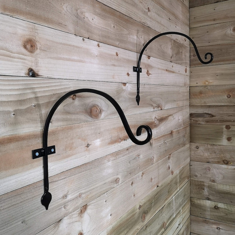 image 1 of Pack of 2 Tom Chambers Heavy Duty Handcrafted Metal 38cm Black Wall Bracket Hook For Garden Hanging Basket Bird Feeder | Black | Black