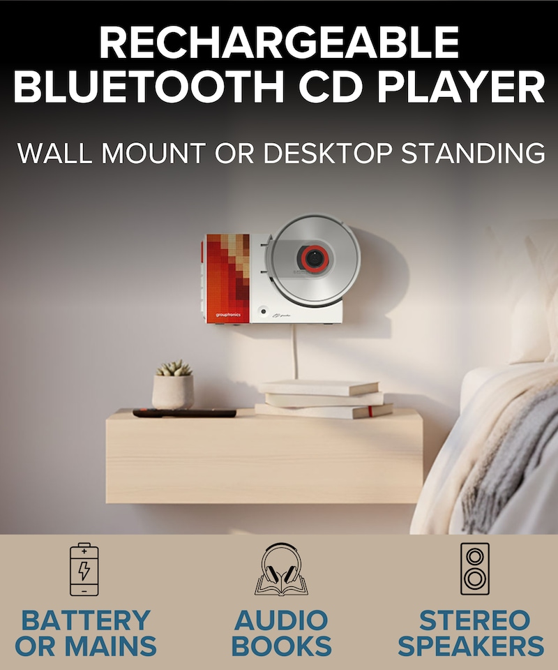 image 1 of Grouptronics GTMC-20 Portable CD Player with Bluetooth and Speakers | Small Rechargeable CD Player for Home, Kids or Elderly | Personal CD Music Player Boombox, CD Walkman