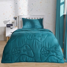 OHS Quilted Embossed Patterned Soft Plump Coverless 7.5 Tog Washable Duvet Cover and Pillowcase Bedding Set Blue | Teal Gaming | Single