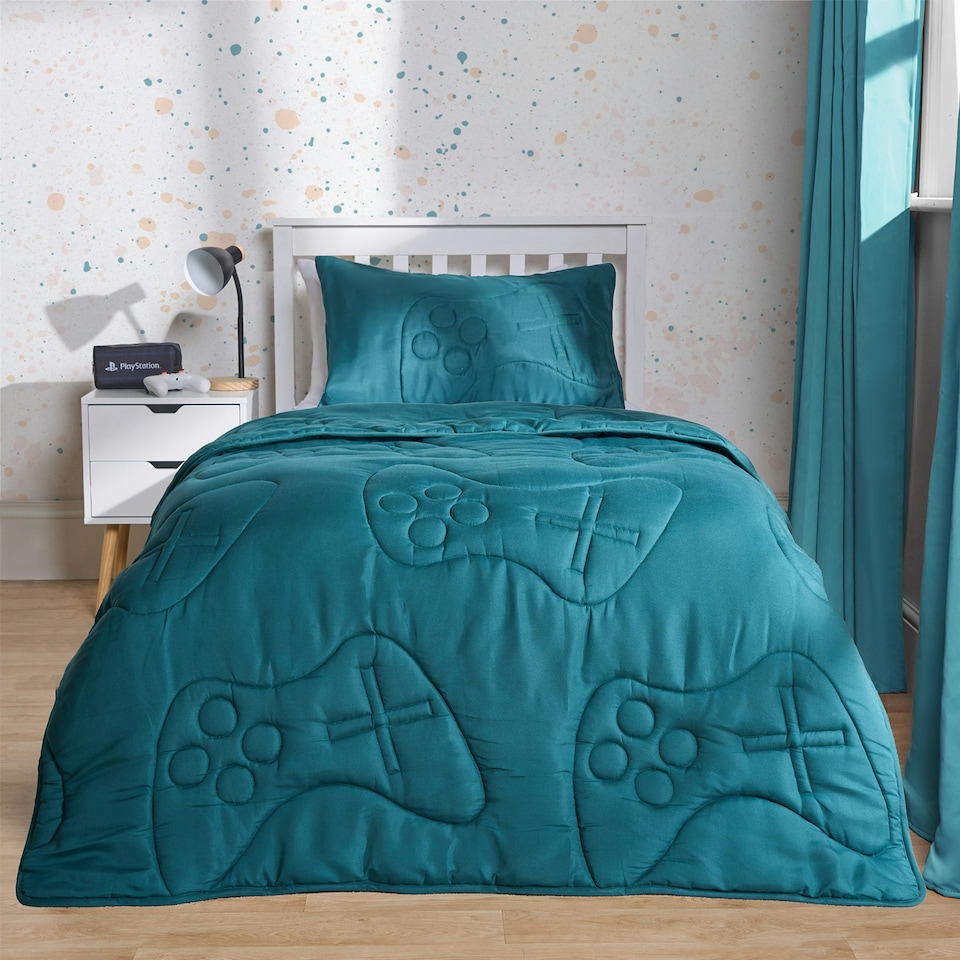 image 1 of OHS Quilted Embossed Patterned Soft Plump Coverless 7.5 Tog Washable Duvet Cover and Pillowcase Bedding Set Blue | Teal Gaming | Single