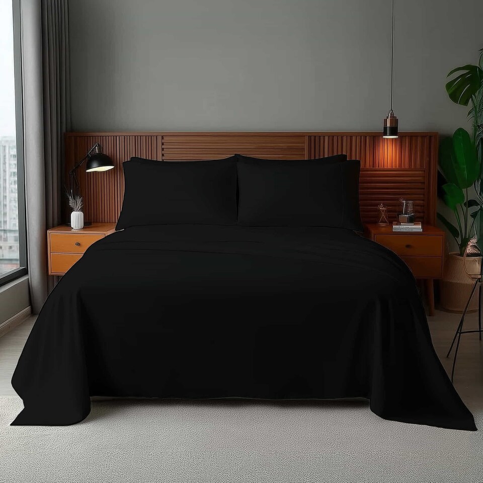 image 1 of Microfibre Soft Touch Flat Sheet Plain Dyed Bed Linen | Black | Single