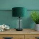 image 2 of ValueLights Jessy Glass and Black Metal Bedside Table Lamp with a Forest Green Velvet Lampshade