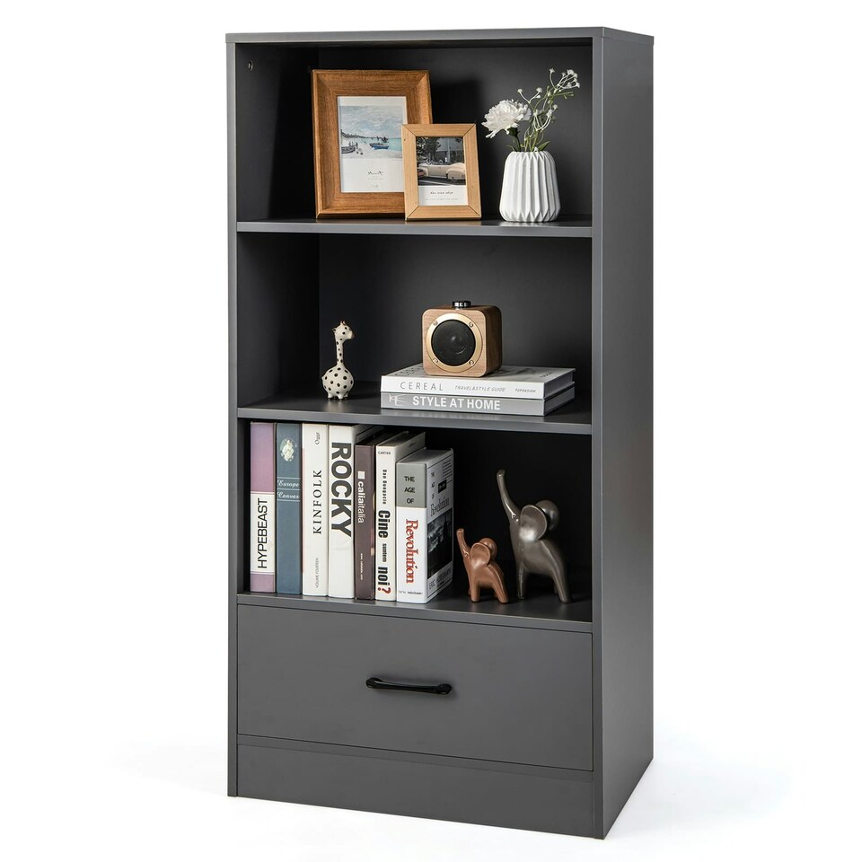 image 1 of COSTWAY 4-tier Storage Shelf Wood Bookcase Bookshelf Grey