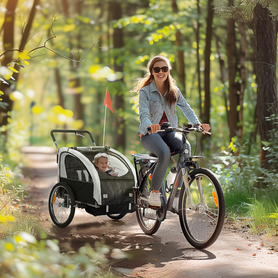 image 1 of HOMCOM 2 Seat Bike Trailer with 5 Point Harness, for 18+ Months, Black