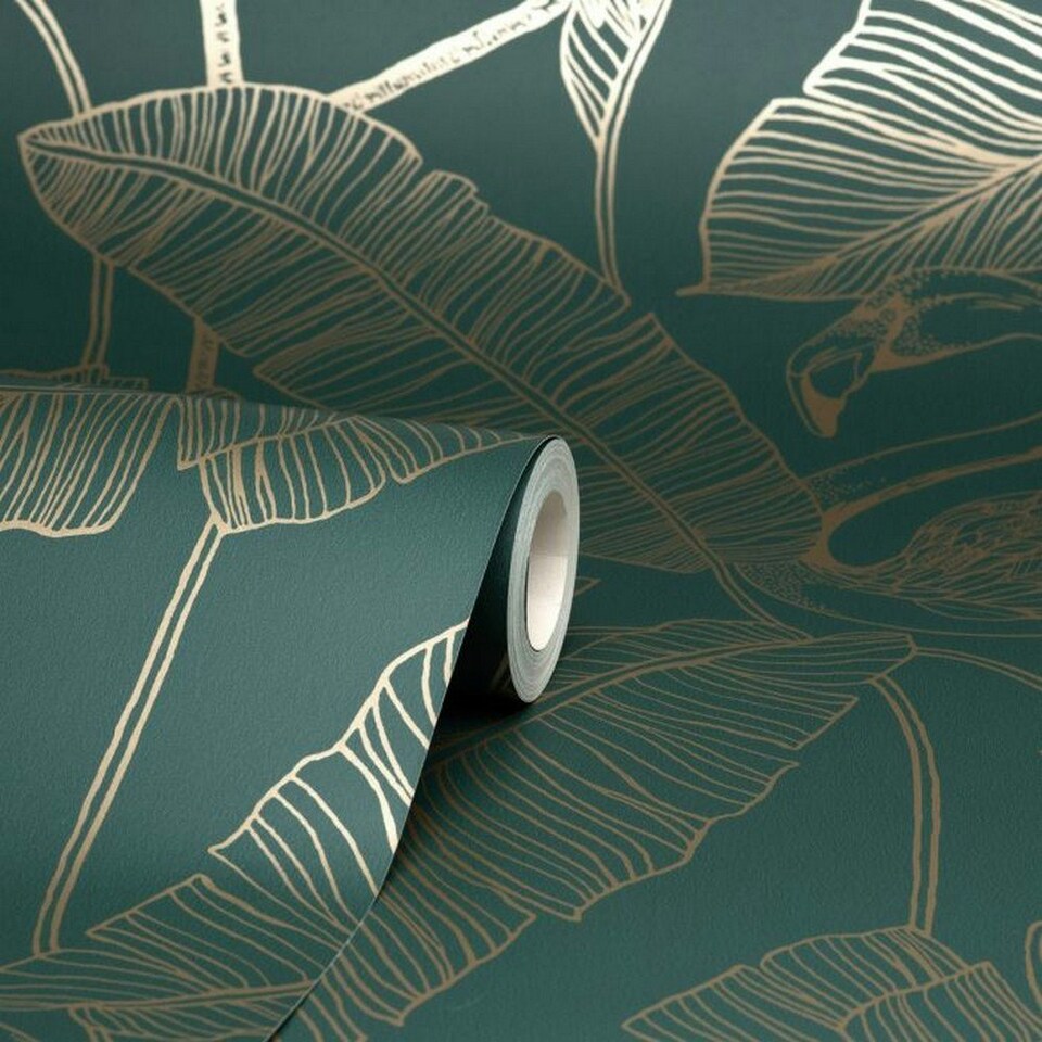 image 1 of Fine Decor Flamingo Wallpaper - Emerald Green - 10m x 53cm Green