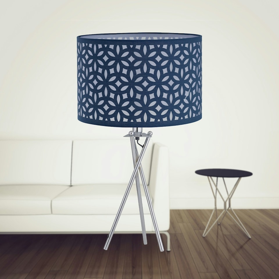 image 1 of First Choice Lighting Set of 2 Chrome Tripod Table Lamps with Navy Blue Laser Cut Shades Chrome | Blue