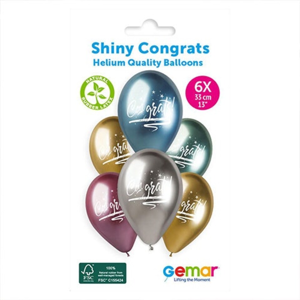 image 1 of Assorted Colour Congrats Shiny Metallic Latex Balloons 33cm / 13 in - Pack of 6