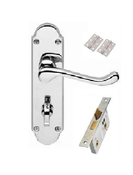 Golden Grace Epsom Design Victorian Scroll Bathroom Door Handles on Backplate in Polished Chrome with Mortise Lock Set with 1 Pair of 3" Hinges - 170m