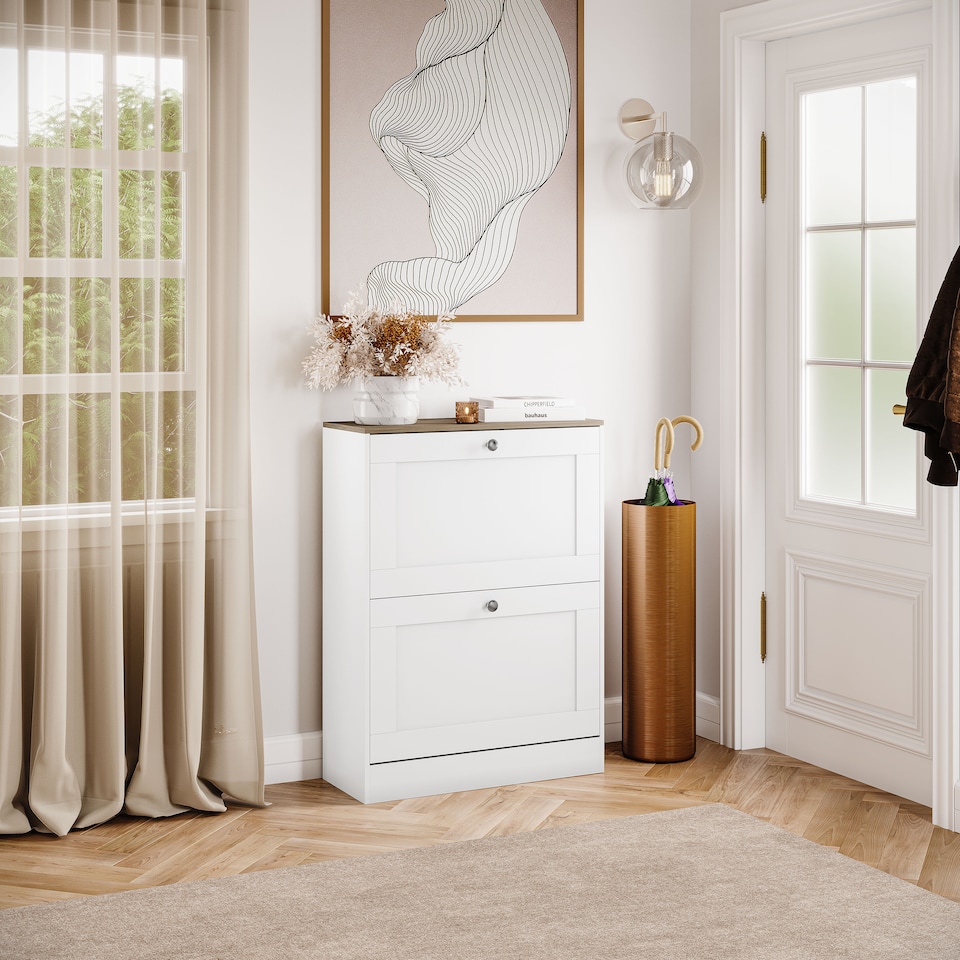 image 1 of Vida Designs 2 Drawer Compact Shoe Cabinet Hallway Home Entrance Storage Unit - White & Oak