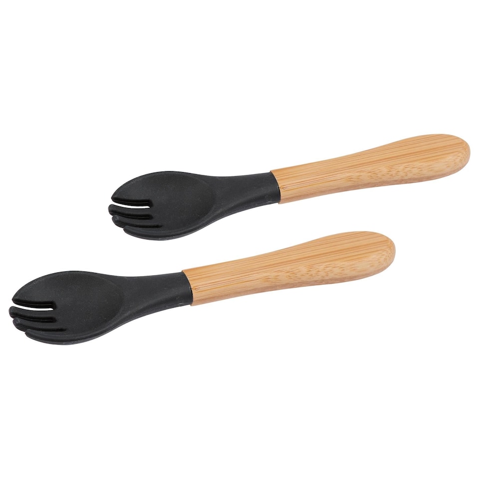image 1 of Tiny Dining Bamboo Silicone Tip Forks - Black - Children's Baby Toddler Soft Curved Feeding Weaning Fork - Set of 2 | Black | Black