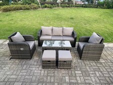 Fimous 7 Seat PE Rattan Garden Furniture Set Adjustable Chair Lounge Sofa Set Oblong Coffee Table Stools Dark Grey Mixed