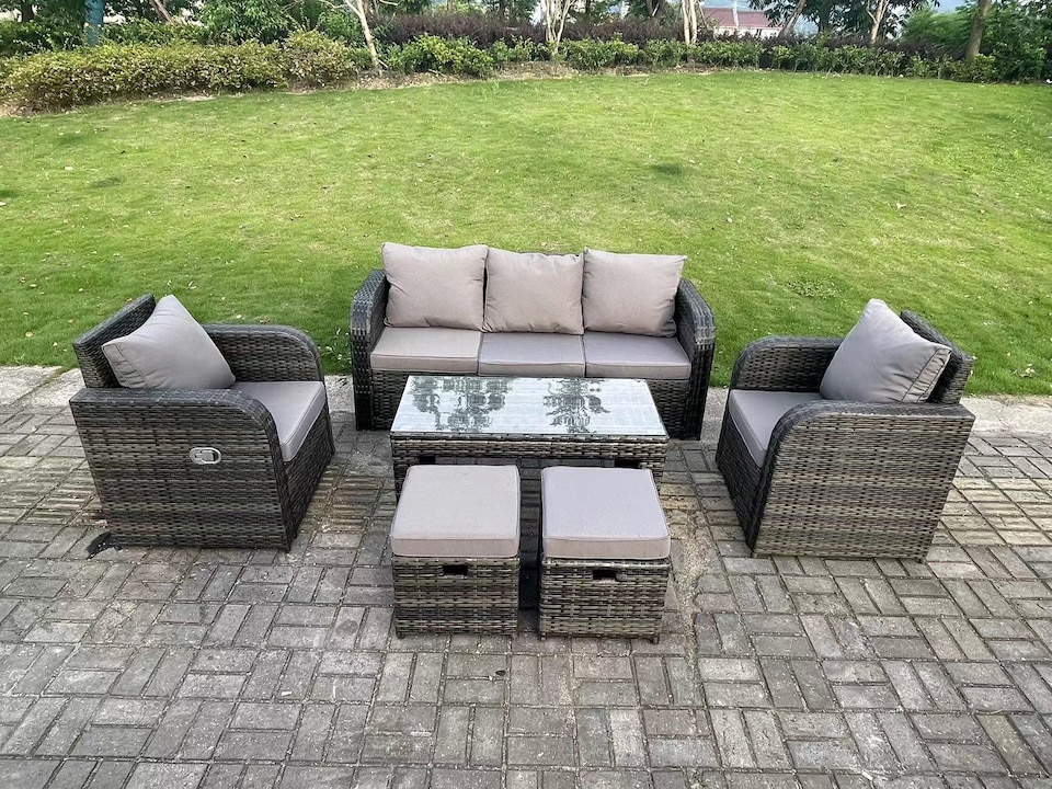image 1 of Fimous 7 Seat PE Rattan Garden Furniture Set Adjustable Chair Lounge Sofa Set Oblong Coffee Table Stools Dark Grey Mixed