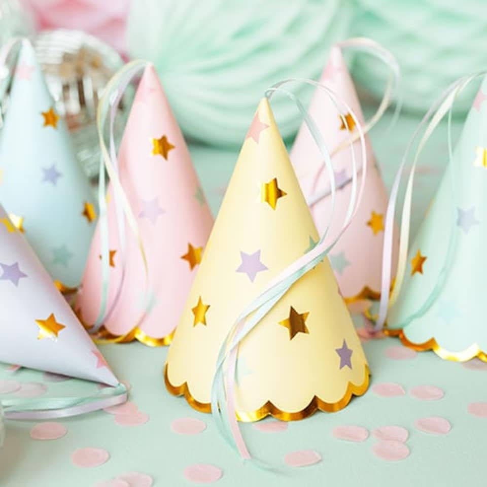 image 1 of Pastel Stars Paper Party Hats with Satin Ribbon - Pack of 6