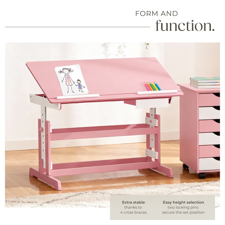 image 1 of Desk - for children, wooden, tiltable tabletop, 7 height settings, with drawer | Pink | pink | 109 x 55 x 94 cm | 1
