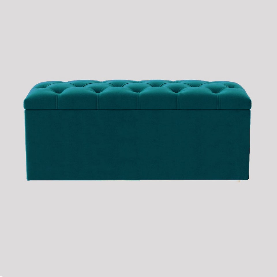 image 1 of 90cm Luna Chesterfield Ottoman Storage Box - Emerald Green Plush Velvet Upholstered Blanket Box