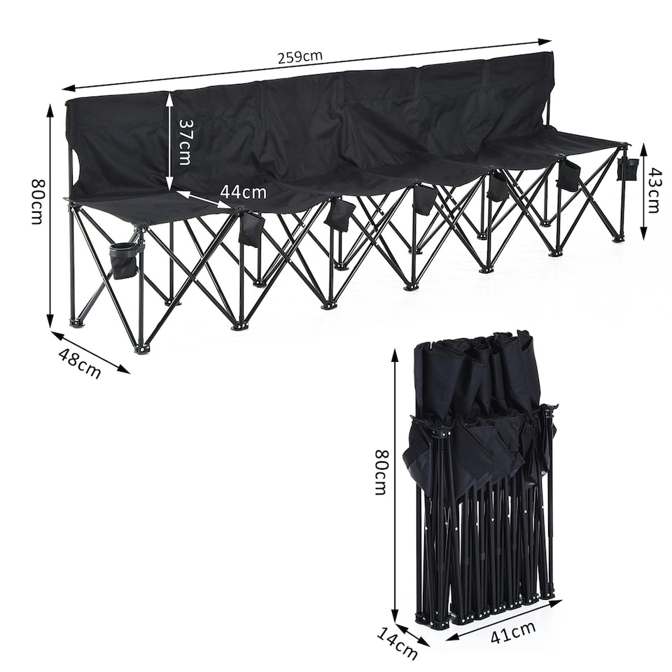 image 1 of Outsunny 6 Seater Folding Bench Camping Chair with Cup Holder, Black
