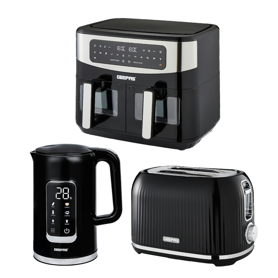 image 1 of GEEPAS 1.7L Digital Electric Kettle 2 Slice Bread Toaster & 9L Dual Zone Air Fryer Kitchen Combo Set
