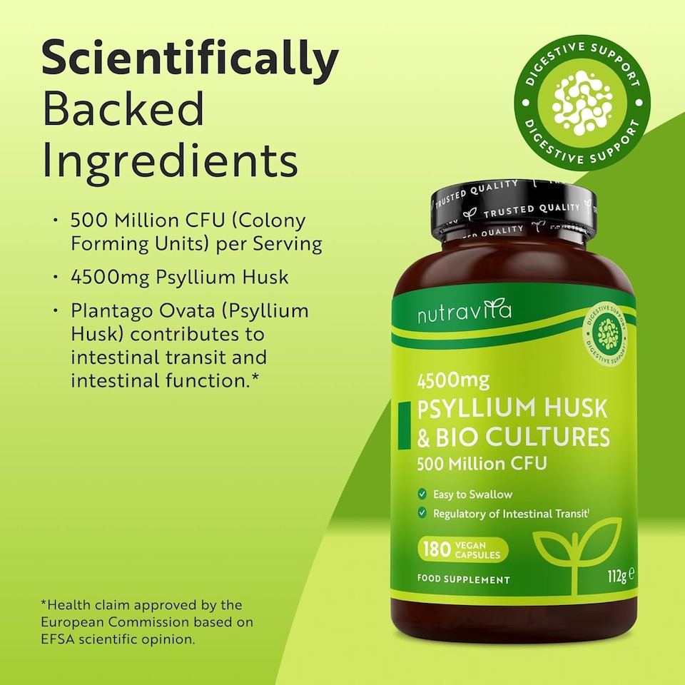image 1 of Nutravita Psyllium Husk 4500mg with 500 Million CFU - Fibre Supplement Supports Digestive Balance - Made in the UK - 180 Psyllium Husks Capsules