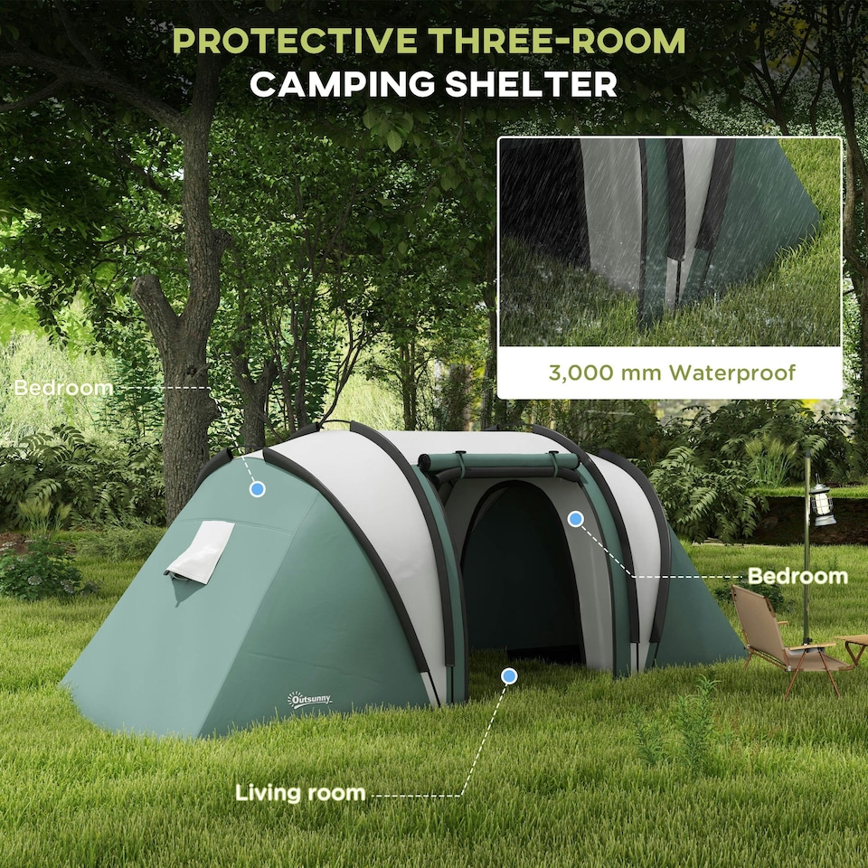 image 1 of Outsunny 2 Bedroom Camping Tent with Living Area, 3000mm Waterproof, Blue