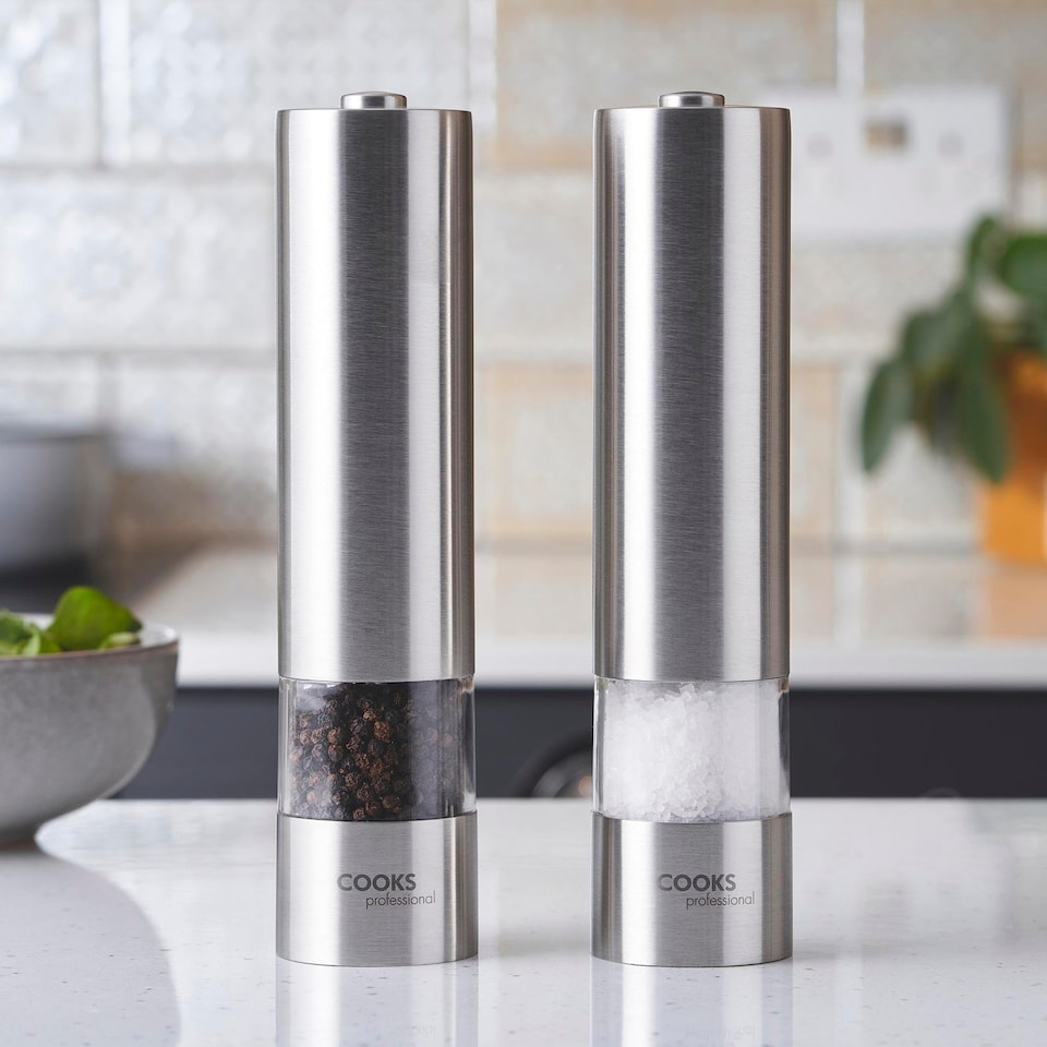 image 1 of Cooks Professional Electric Salt & Pepper Mill - Stainless Steel Automatic Grinder - Silver
