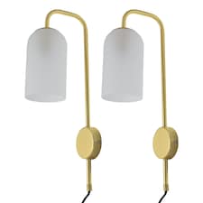 Set of 2 Victoria - Satin Brass Plug in Wall Lights Frost Glass Shades | Gold | White | 2