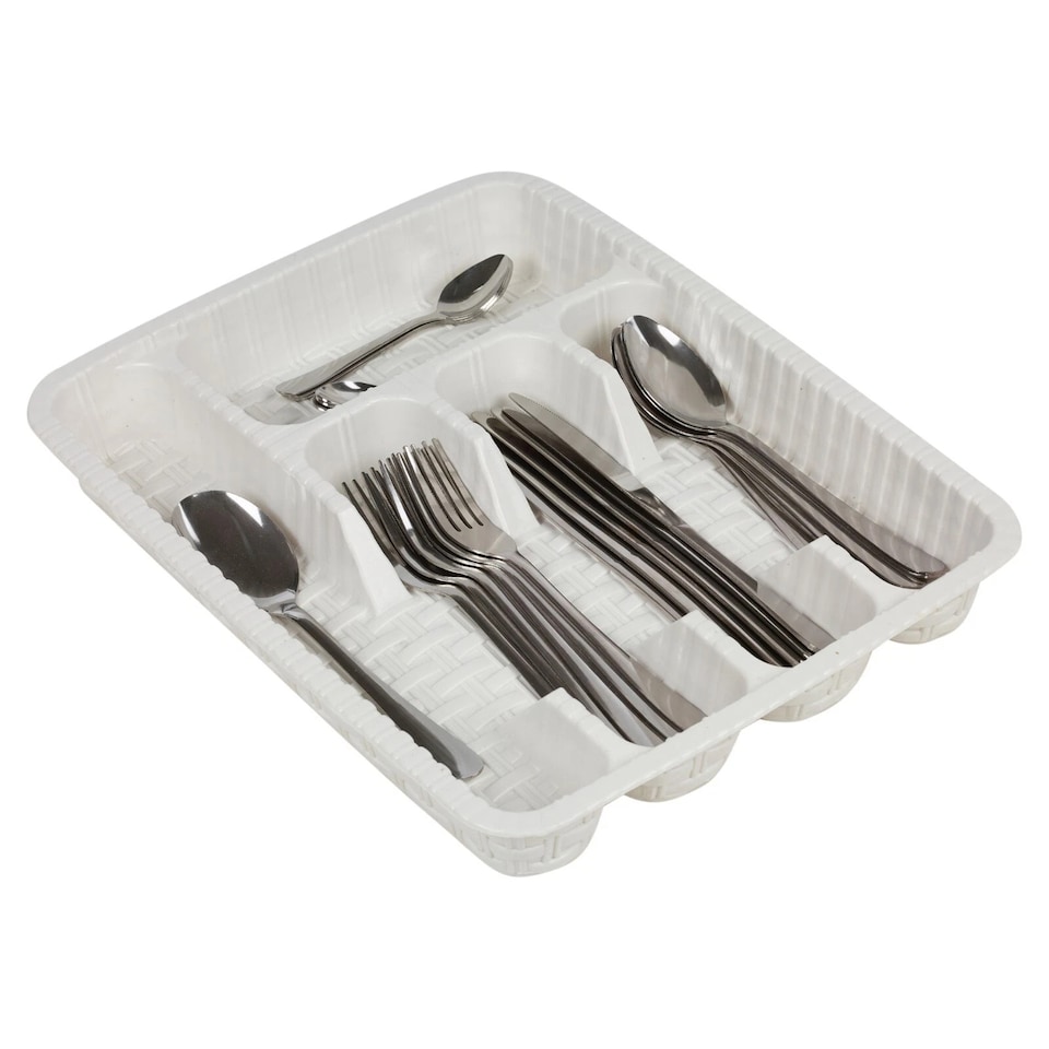 image 1 of Plastic Woven Rattan Cutlery Utensils Holder Flatware Drawer 5 Section Organiser | White | White