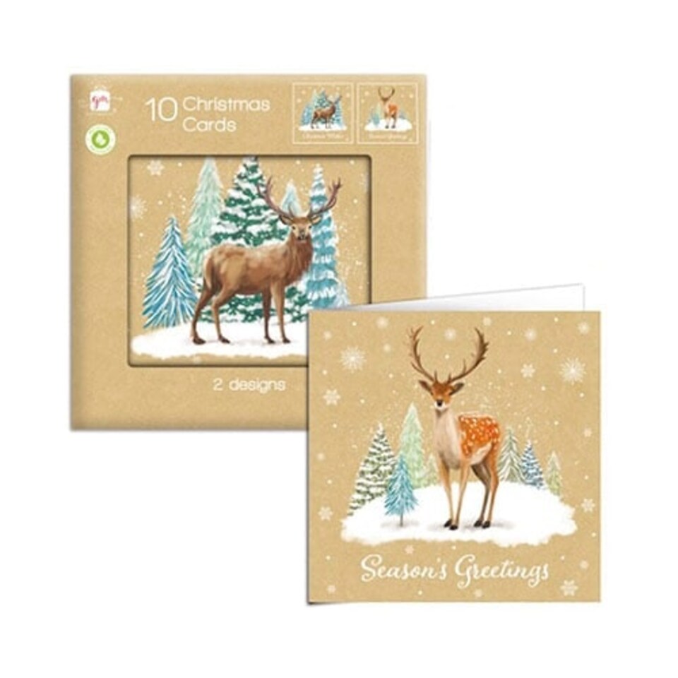 Christmas Reindeer Scene Kraft Greeting Cards - Pack of 10