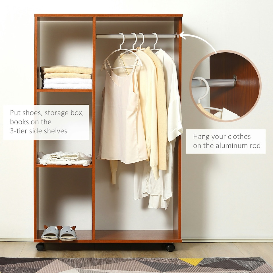 image 1 of HOMCOM Rolling Open Wardrobe Hanging Rail Storage Shelves