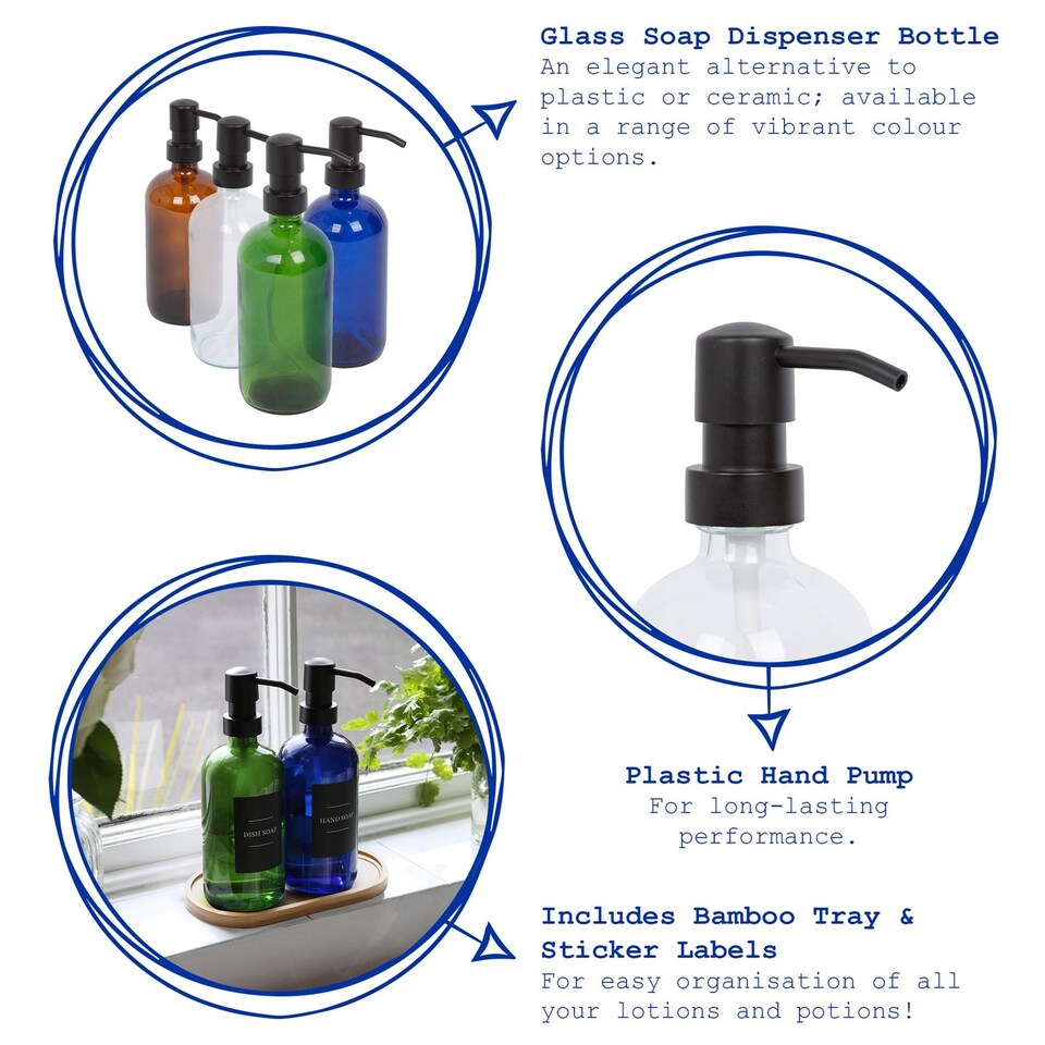 image 1 of Harbour Housewares 2pc Glass Soap Dispenser Set with Bamboo Tray & Labels - 500ml - Blue/Black Refillable Pump Bottles