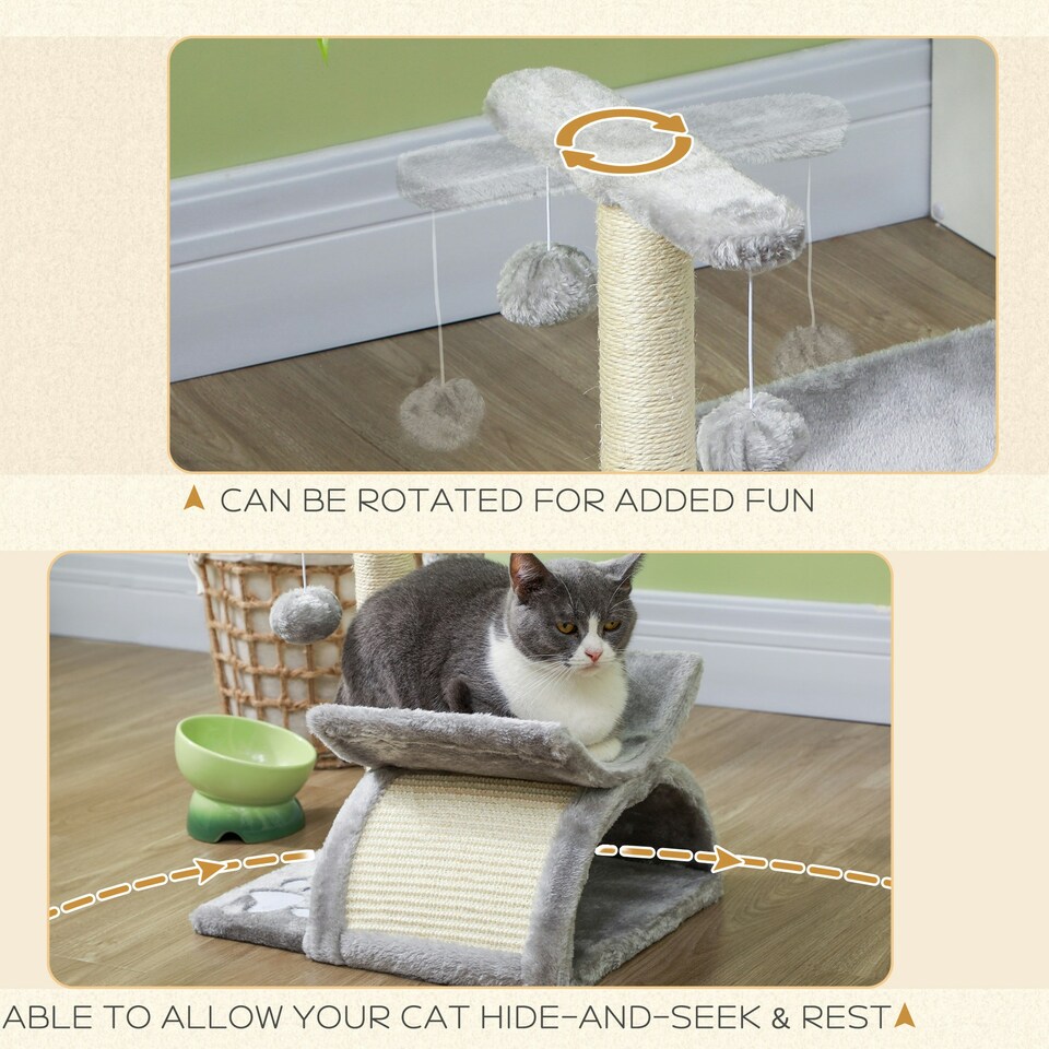 image 1 of PawHut Cat Tree Tower, Rotatable Top Bar, Sisal Post, Tunnel, Balls, Grey
