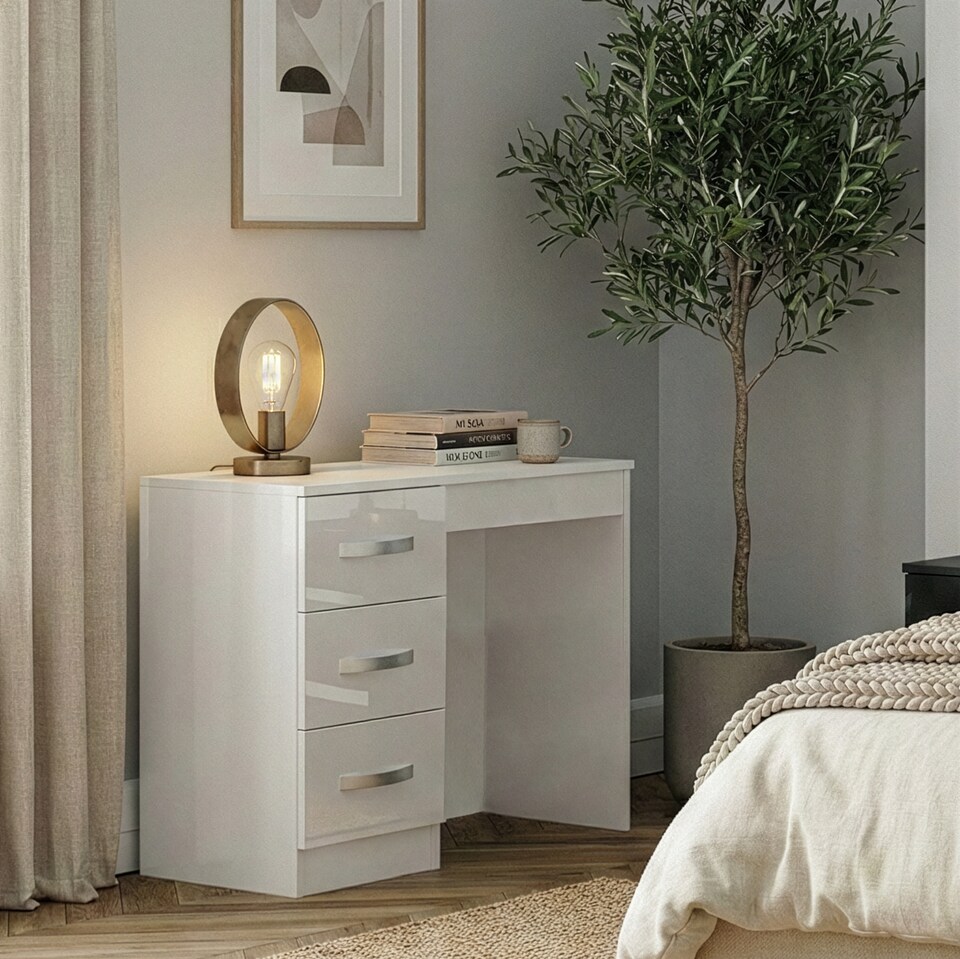 image 1 of Vida Designs Hulio 3 Drawer Dressing Table High Gloss Vanity Makeup Desk, White