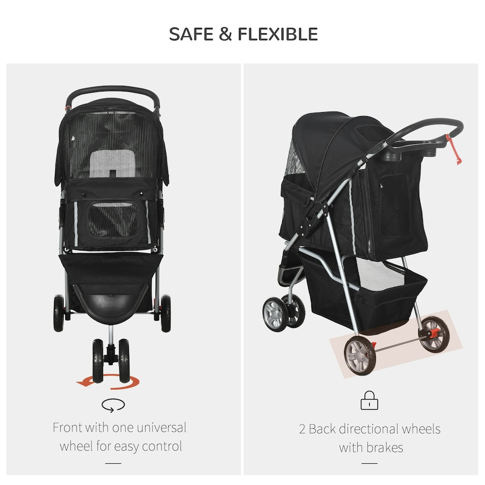 image 1 of PawHut Pet Stroller Pushchair Carrier for Cat Puppy with 3 Wheels Black