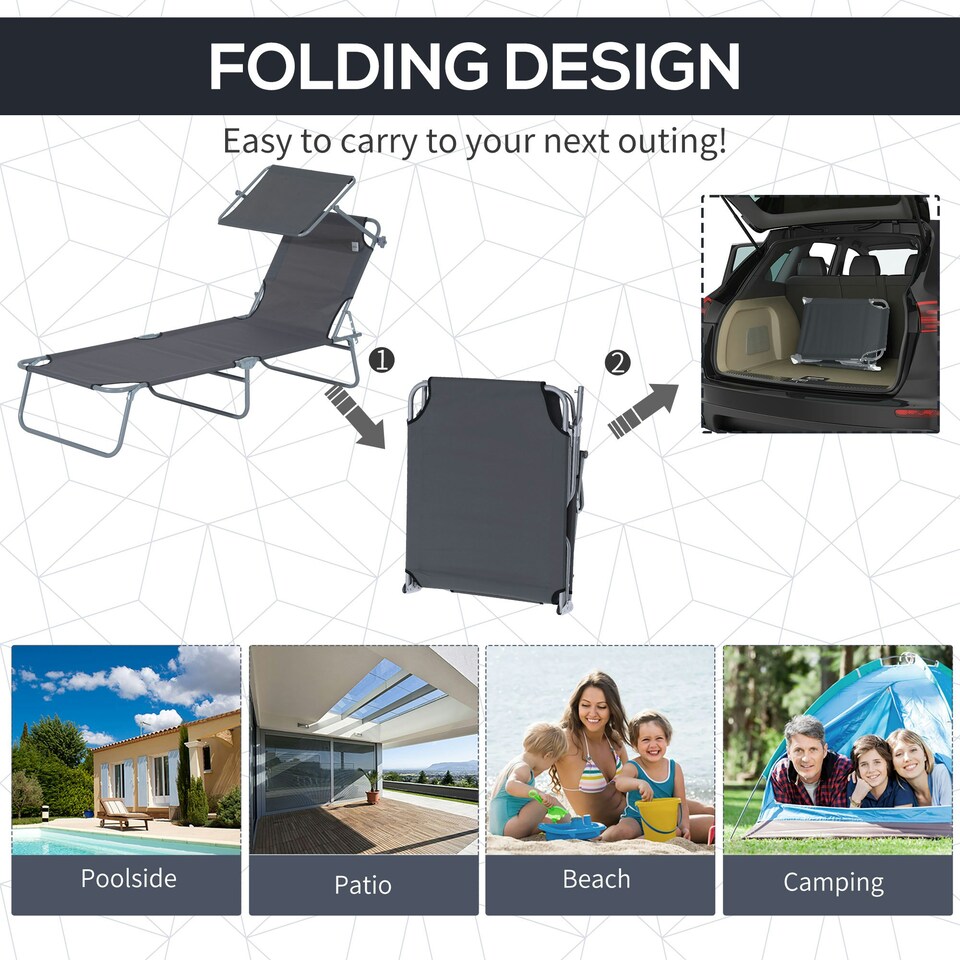 image 1 of Outsunny Folding Chair Sun Lounger Recliner Seat Sunshade Garden Outdoor Grey