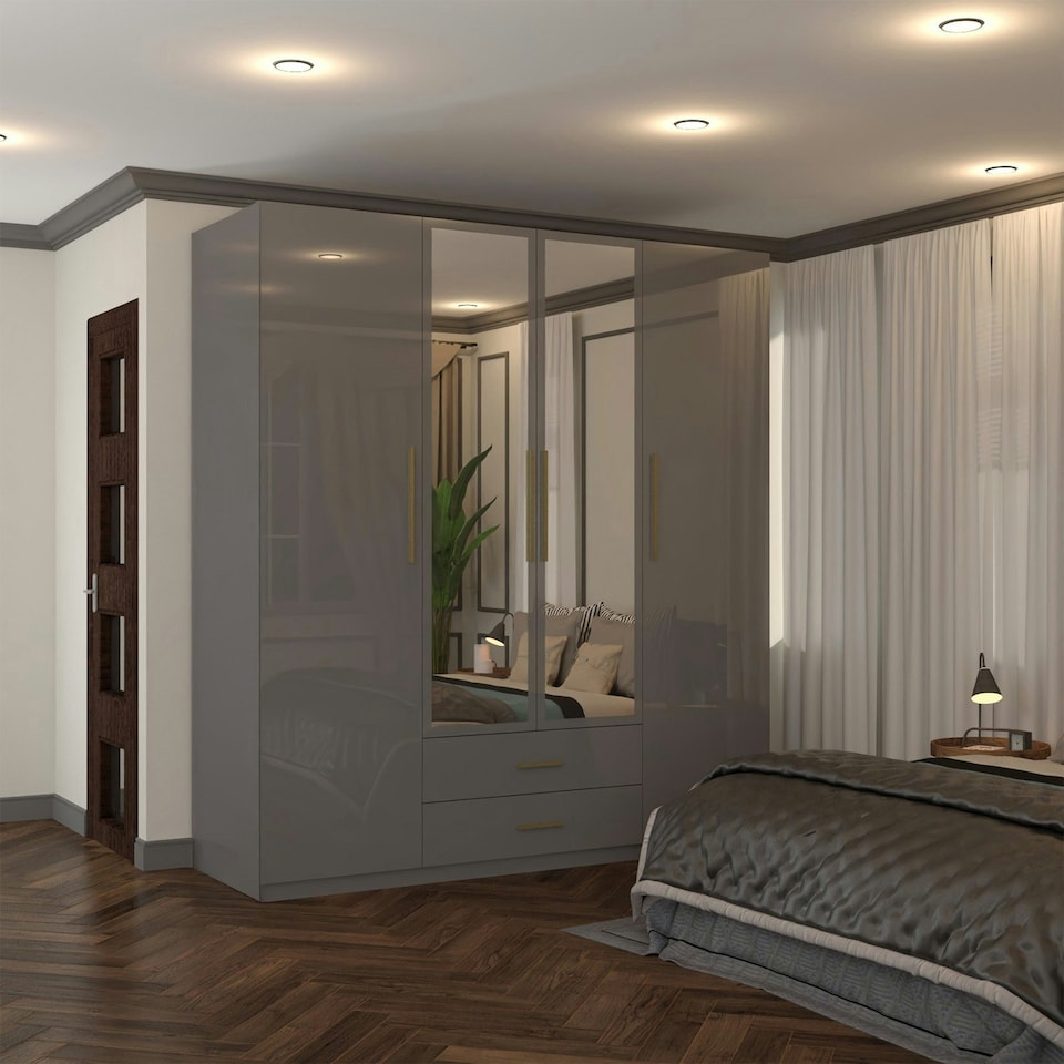 image 1 of Modern 4-Door High Gloss Wardrobe with Soft-Close Mirrors, Gold Accent Handles, Drawers & Shelves – 160cm Wide Grey | Grey 160cm