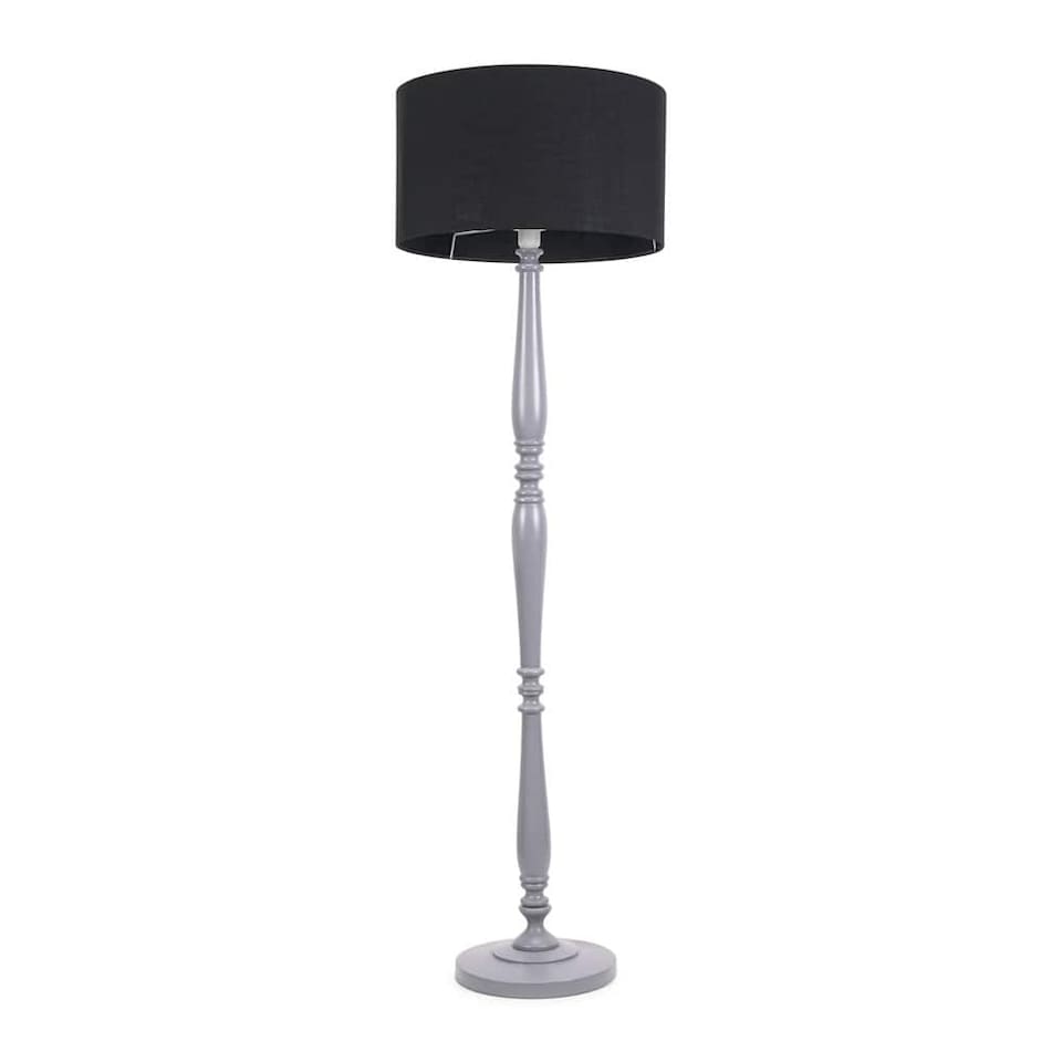 image 1 of ValueLights Victoria Grey Wood Floor Lamp Black Shade and Bulb