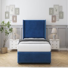 Sloomy Stratford Navy Plush Divan Bed With Mattress No Drawers With 54" Wingback Headboard & 12" Matching Footboard 4' Small Double | Blue | Navy | Small Double | 1