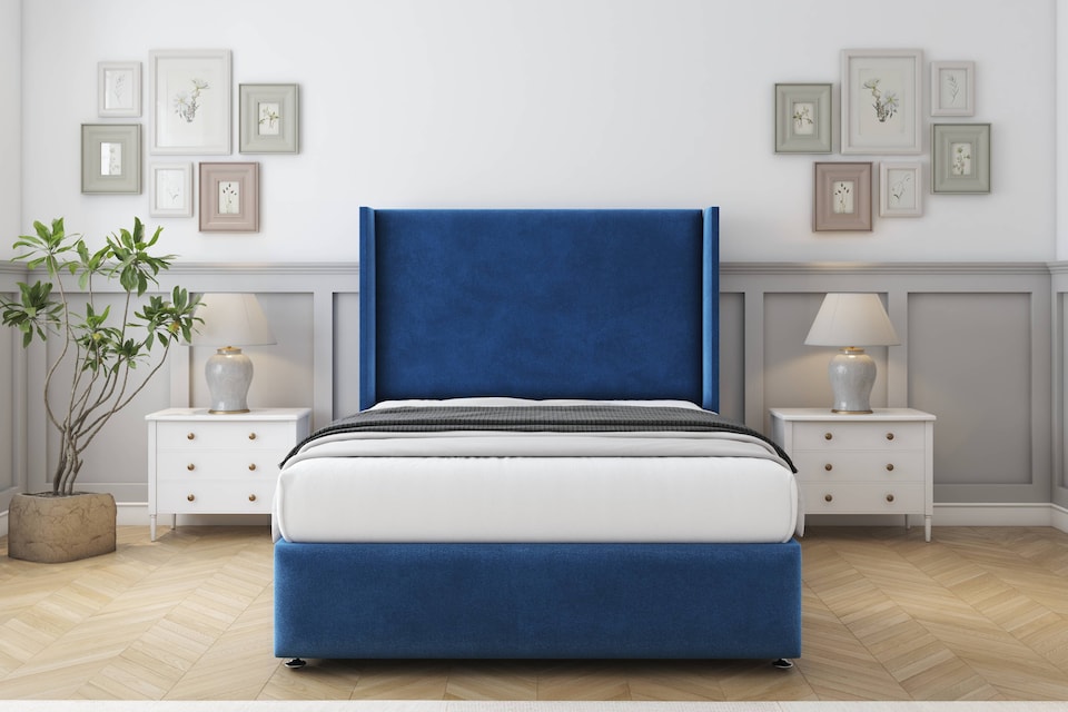 image 1 of Sloomy Stratford Navy Plush Divan Bed With Mattress No Drawers With 54" Wingback Headboard & 12" Matching Footboard 4' Small Double | Blue | Navy | Small Double | 1