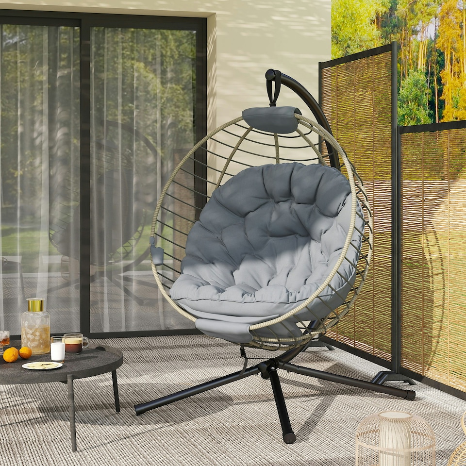 image 1 of Outsunny PE Rattan Hanging Swing Chair w/ Stand & Cup Holder, Grey | Grey | One Size