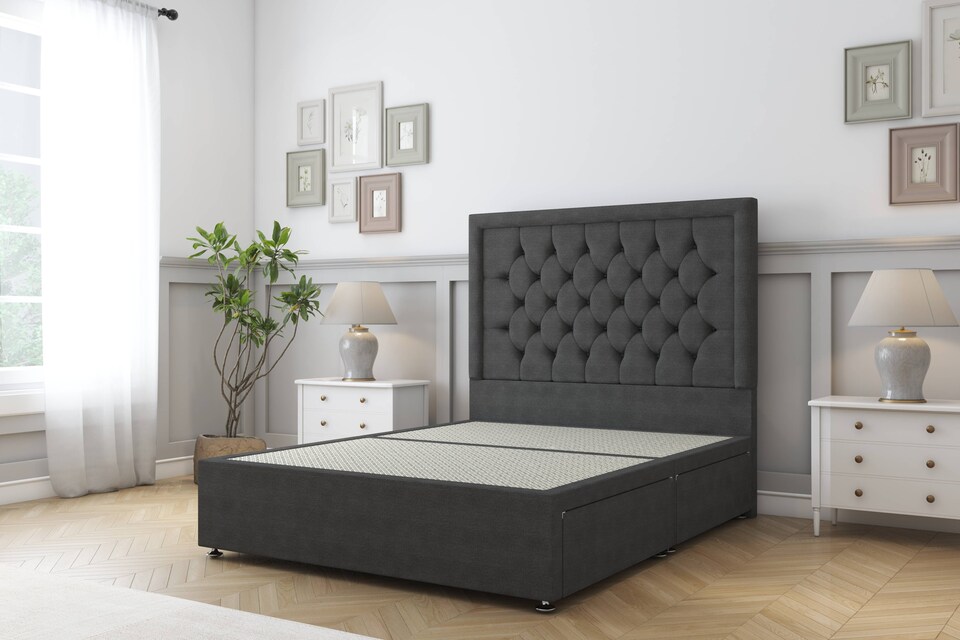 image 1 of Sloomy Montana Graphite Dumfries Divan Bed Base 4 Drawers With 54 Inch Floor Standing Headboard | Grey | Graphite | Small Double | 1